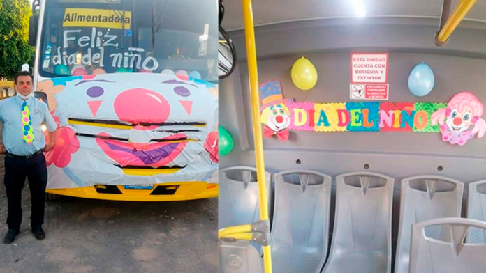 Chofer llevó alegría a los niños en su día: Se disfrazó de payaso y entregó dulces en su autobús