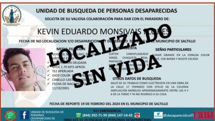 Infarto le habría arrebatado la vida a joven desaparecido en Saltillo