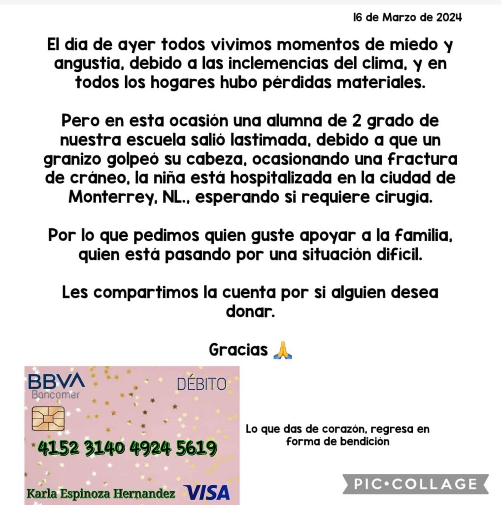 Trasladan a Monterrey a Victoria, niña herida en granizada en la Región Carbonífera
