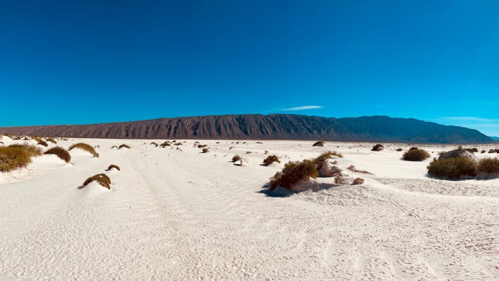 Dunas de Bilbao en Viesca, Coahuila, con arena dorada y cielo anaranjado al atardecer