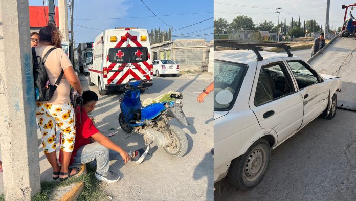 Se cruza motociclista y choca con un automóvil