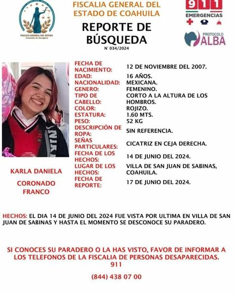 Reportan adolescente perdida en Nueva Rosita