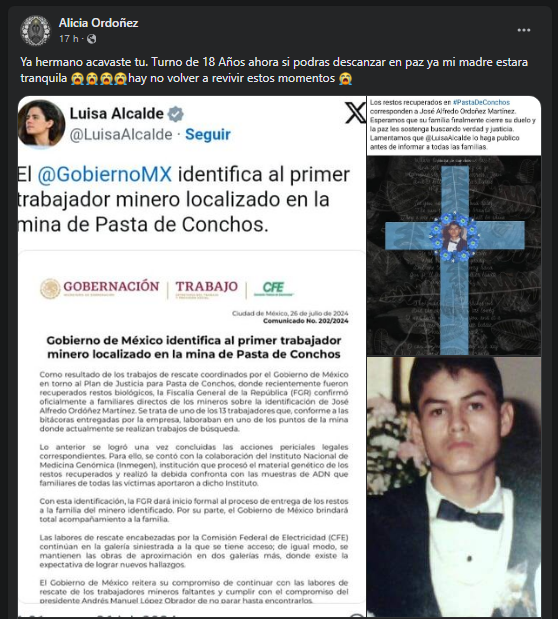 "Ya acabaste tu turno de 18 años": Señala familia de José Ordóñez, primer minero rescatado en Pasta de Conchos