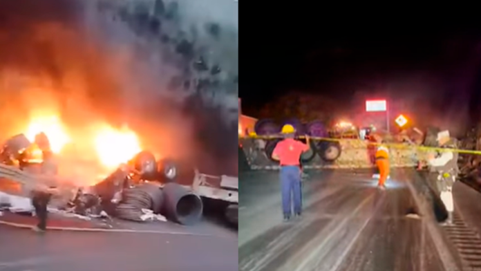 Trailero muere calcinado tras volcar y chocar con varios autos en Los Chorros