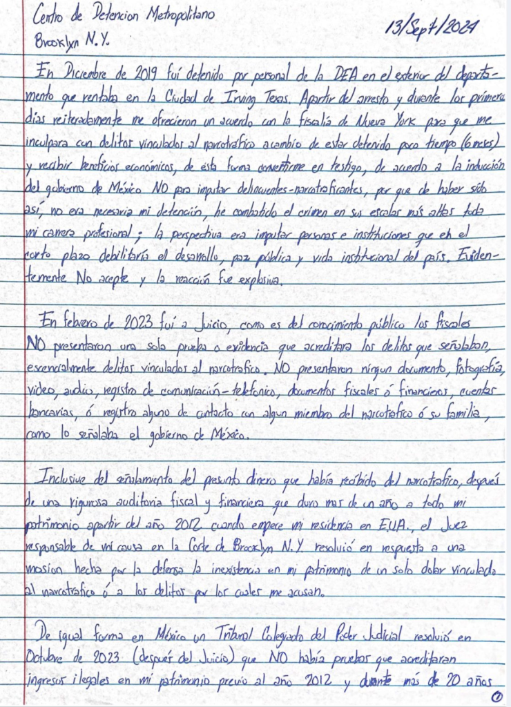 En una carta, García Luna acusa a AMLO de estar ligado al narco