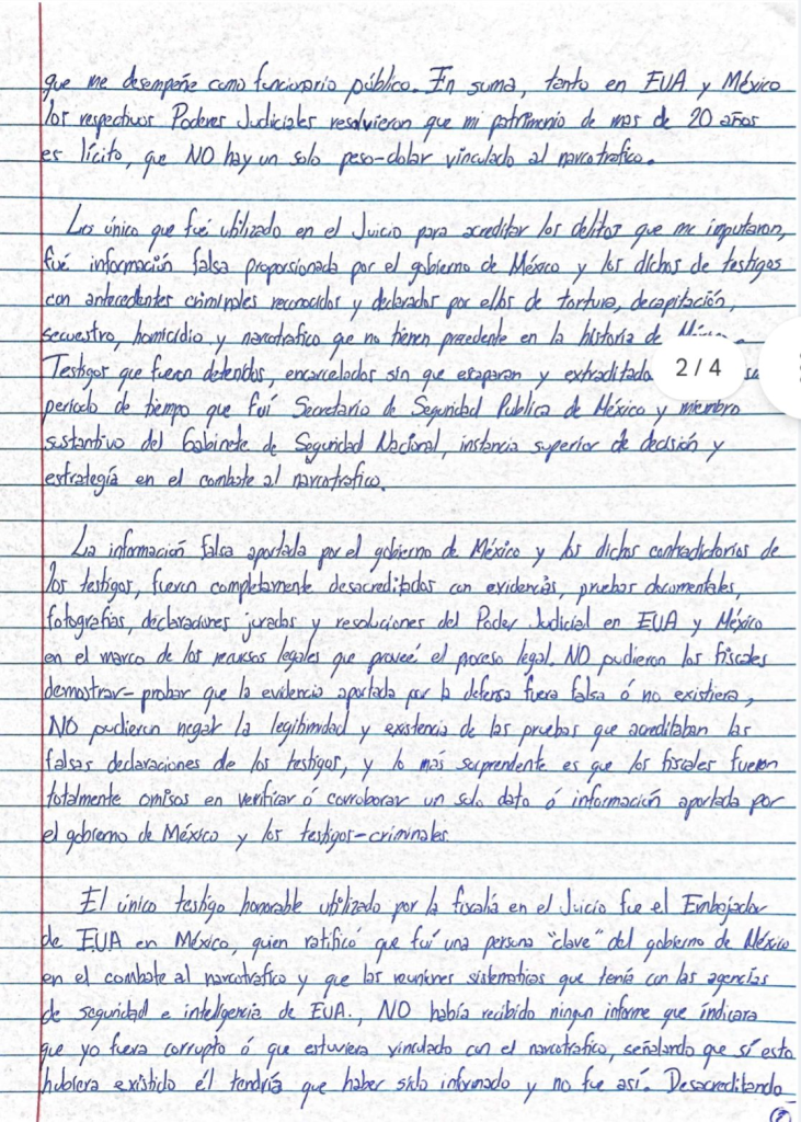En una carta, García Luna acusa a AMLO de estar ligado al narco