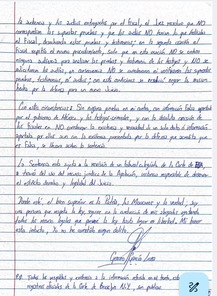 En una carta, García Luna acusa a AMLO de estar ligado al narco