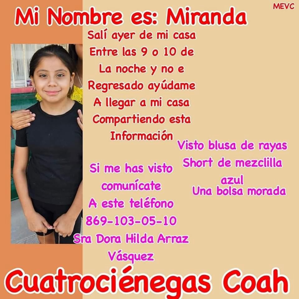 Piden ayuda para encontrar a Miranda; desapareció en Cuatro Ciénegas
