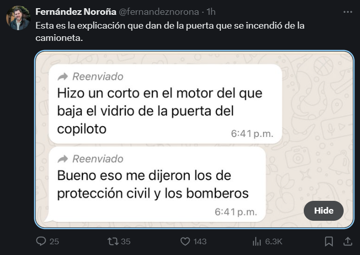 Se incendia vehículo en el que viajaba Fernández Noroña