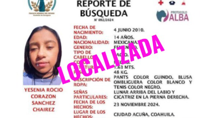 Encuentran a Yesenia, menor reportada como desaparecida en Acuña