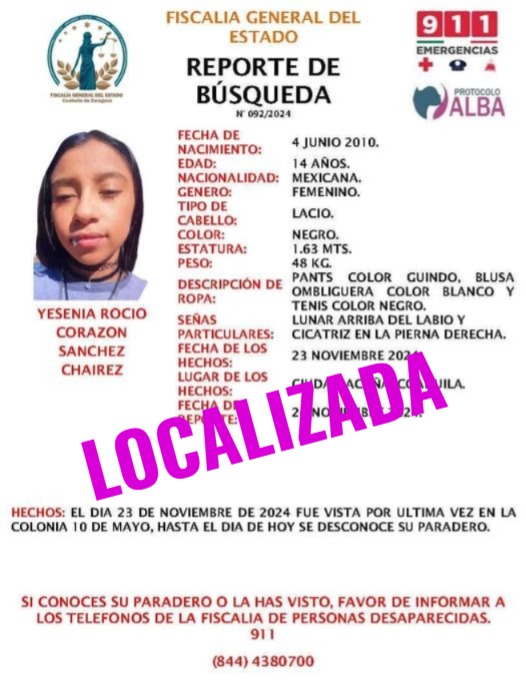 Encuentran a Yesenia, menor reportada como desaparecida en Acuña