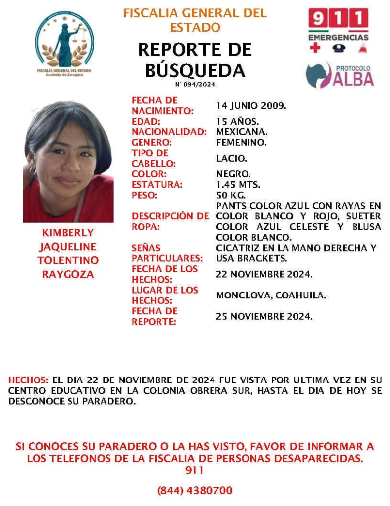 Familia busca a Kimberly, joven de 15 años desaparecida en Monclova