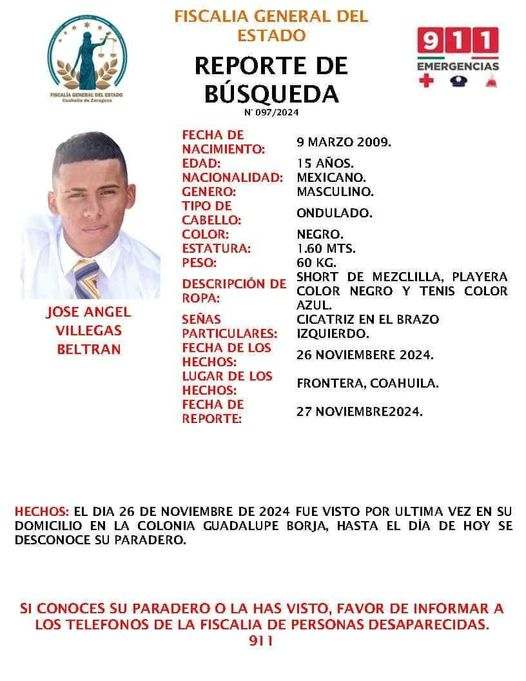 Solicitan apoyo para localizar a José Ángel, joven desaparecido en Frontera