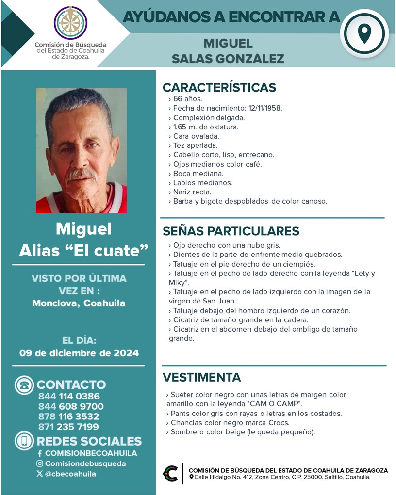 Llevan 12 días sin noticias de don Miguel Salas en Monclova