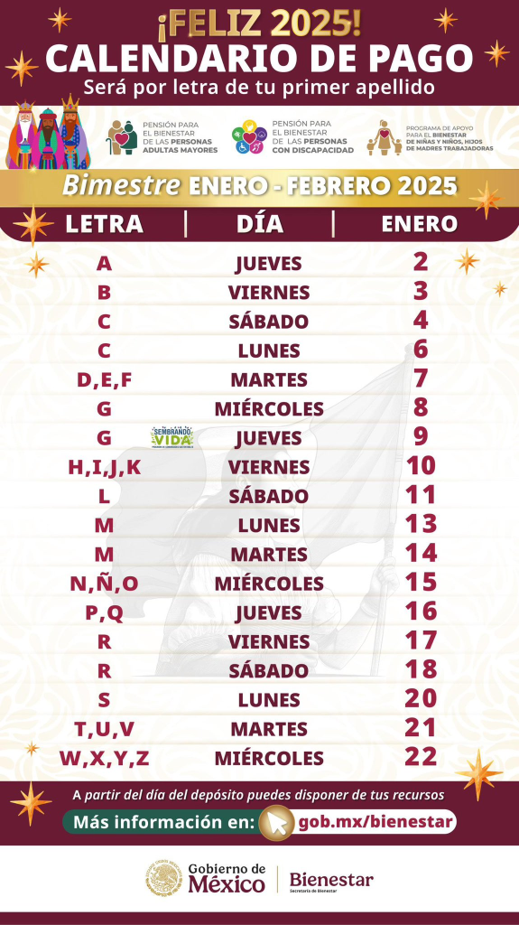 Calendario de pagos de la Pensión del Bienestar