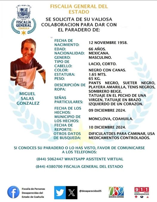 En Monclova, Coahuila, las autoridades reactivaron la búsqueda de Miguel Salas, conocido como "El Cuate," quien desapareció hace un mes. 