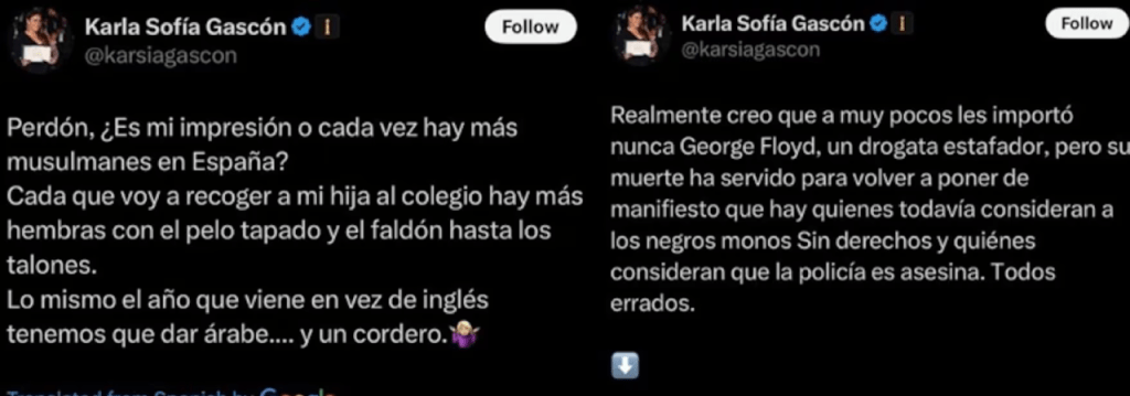 Acusan a Karla Sofía Gascón de racismo y discursos de odio