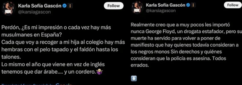 Acusan a Karla Sofía Gascón de racismo y discursos de odio