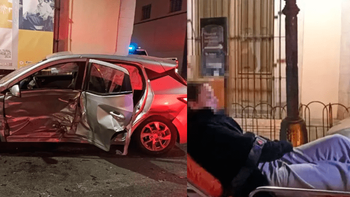 Conductor ignora semáforo y provoca choque en el centro de Saltillo; deja auto abandonado y cuatro personas heridas