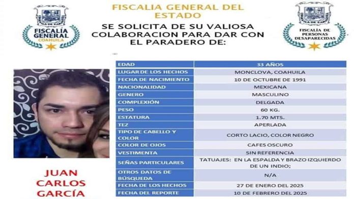 Piden apoyo para localizar a Juan Carlos García; desapareció en Monclova