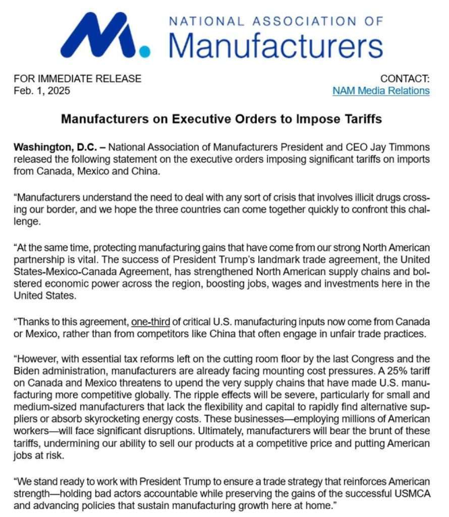 Industria manufacturera de EE.UU. advierte impacto de aranceles impuestos por Trump