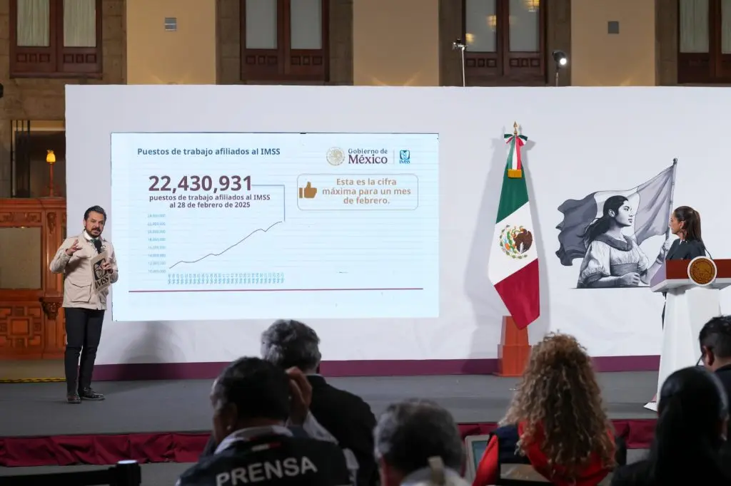 Claudia Sheinbaum celebra cifra histórica de 22 millones de 430 mil 931 mil empleos afiliados al IMSS al 28 de febrero