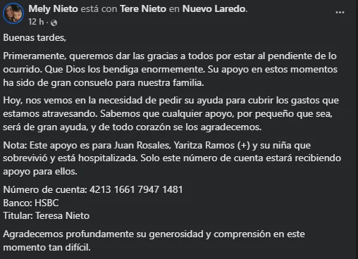 Familia confirma que solicita apoyo económico