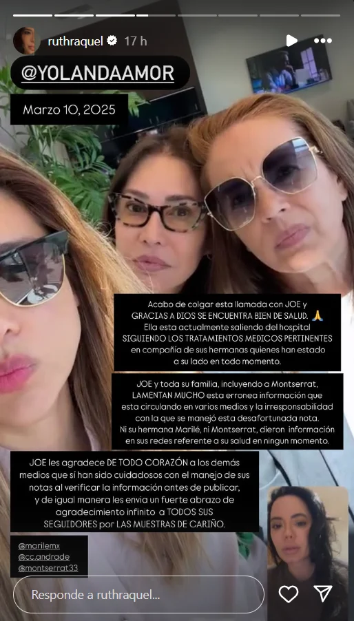 Productora aclara estado de salud de Yolanda Andrade