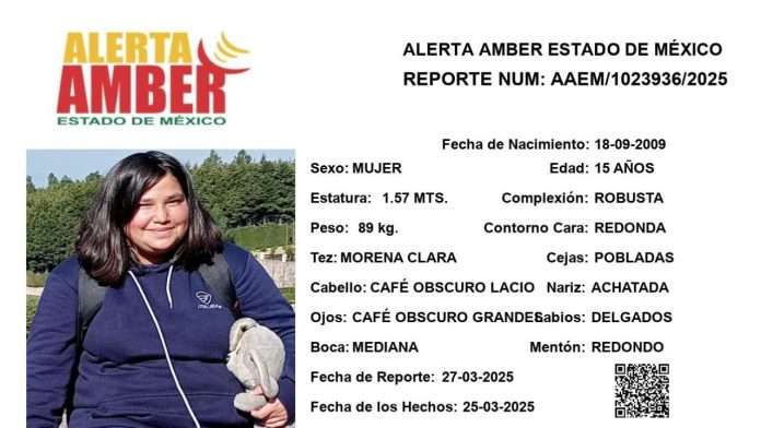 CNB solicita apoyo para localizar a una joven de 15 años desaparecida