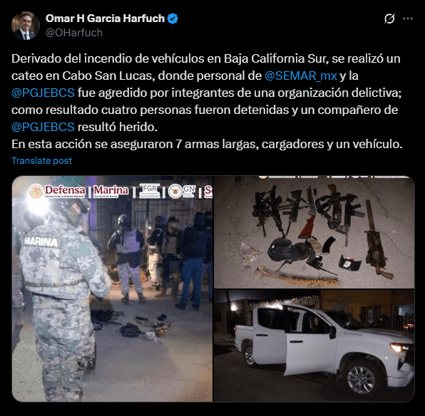 Cuatro personas fueron arrestadas tras operativo en Los Cabos; autoridades decomisan armas y vehículo