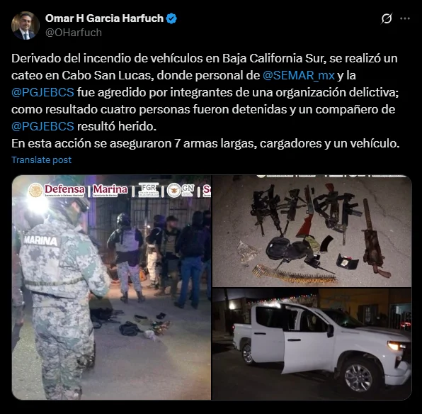 Cuatro personas fueron arrestadas tras operativo en Los Cabos; autoridades decomisan armas y vehículo