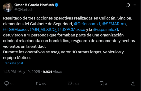 Autoridades federales detienen en Sinaloa a 11 integrantes de una célula delictiva y aseguran armamento