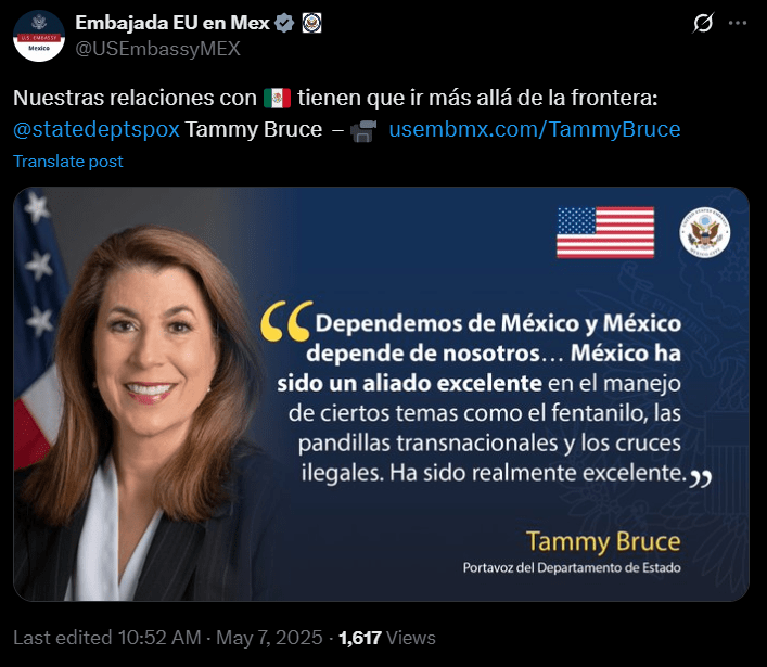 Tammy Bruce, portavoz de EU, destaca la importancia de la relación entre México y Estados Unidos