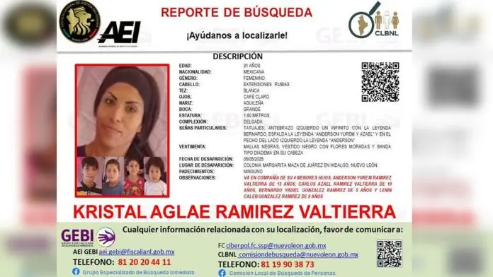 Kristal Aglae Ramírez ha sido reportada como desaparecida junto con sus cuatro hijos menores