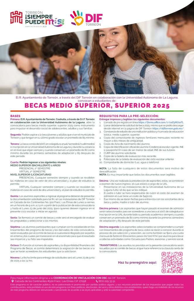 El Ayuntamiento de Torreón y DIF invitan a participar en la convocatoria de Becas 2025, que se otorgan en colaboración con la UAL