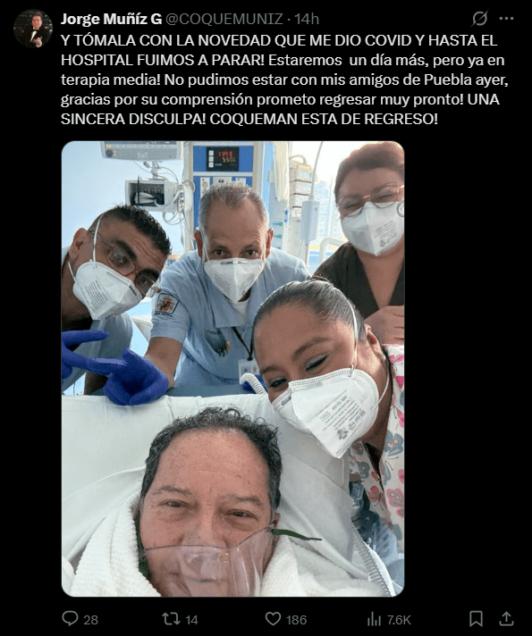 Jorge 'Coque' Muñiz es hospitalizado e ingresado a terapia intermedia