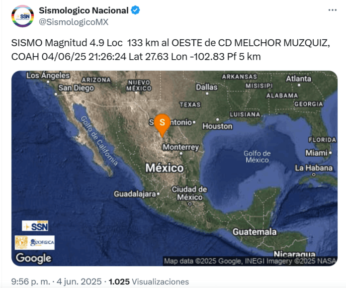 Sismo sacude las regiones Centro y Carbonífera de Coahuila