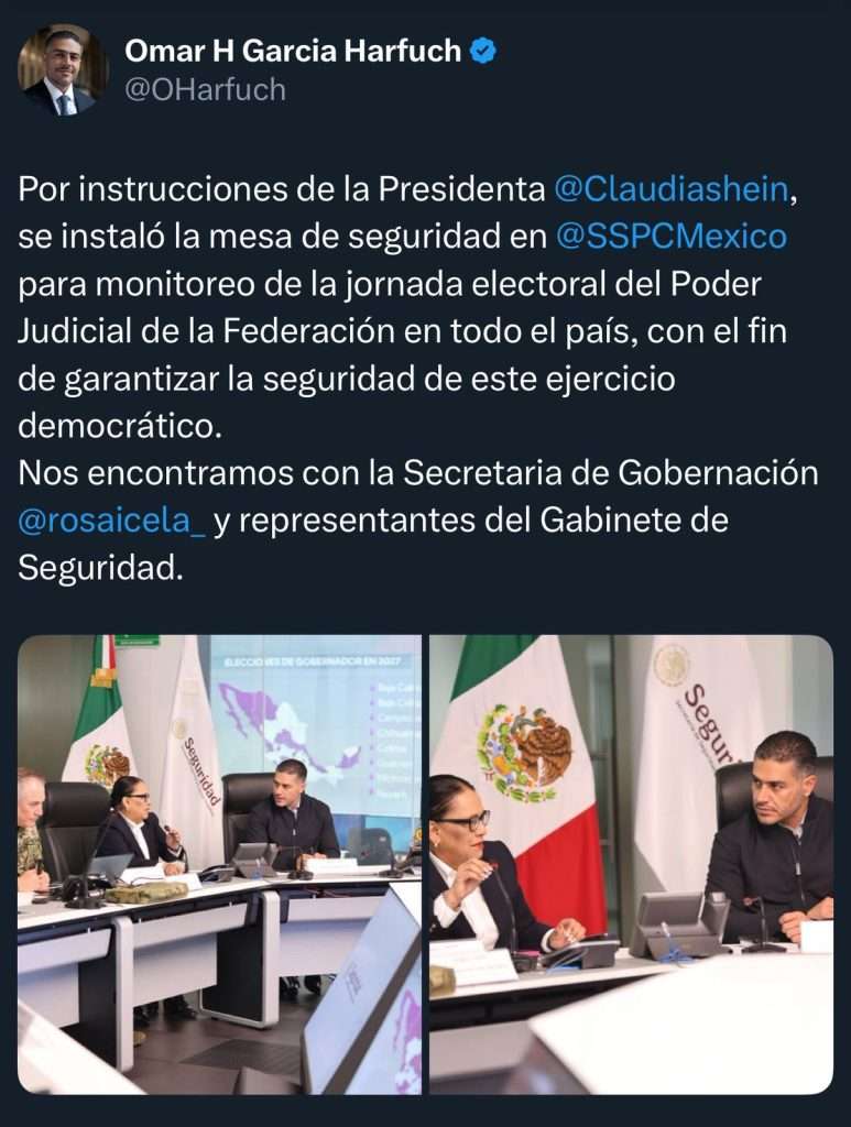 Instalan mesa de seguridad para vigilar elecciones judiciales: informa García Harfuch