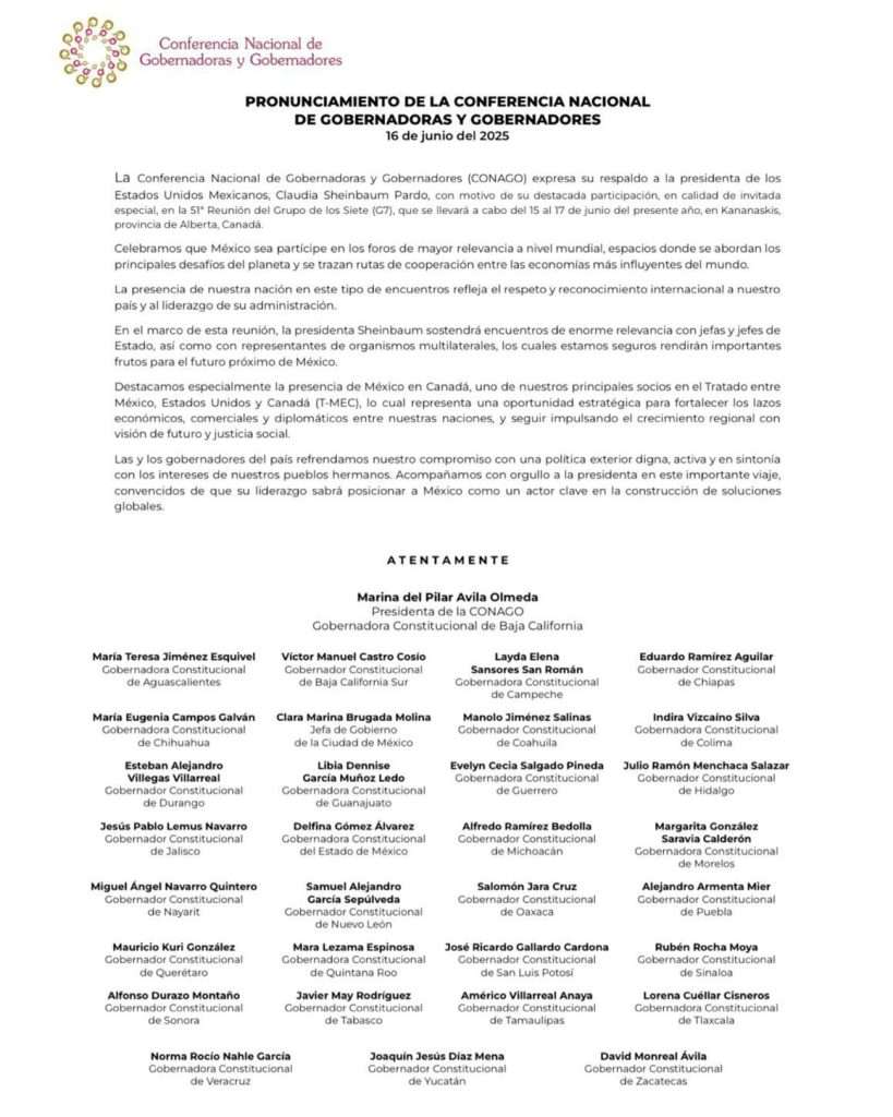 CONAGO respalda participación de Claudia Sheinbaum en la Reunión del G7 en Canadá