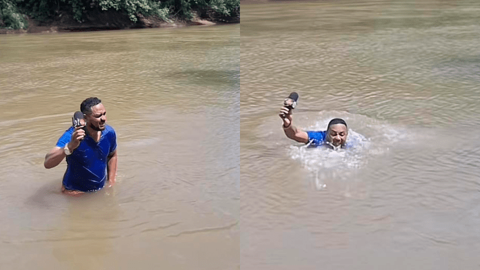 Periodista en el río de Brasil