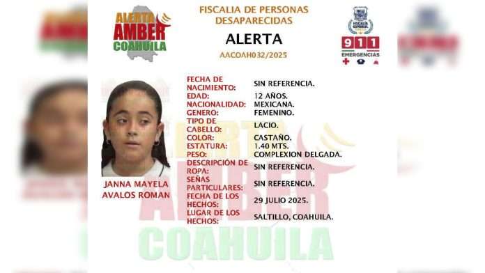 Activan Alerta Amber en Saltillo para localizar a niña desaparecida; fue vista con una familiar