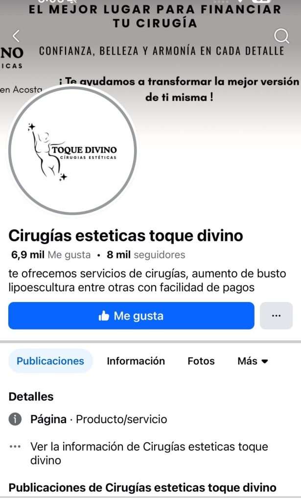 Perfil en Facebook de Cirugías Estéticas “Toque Divino”