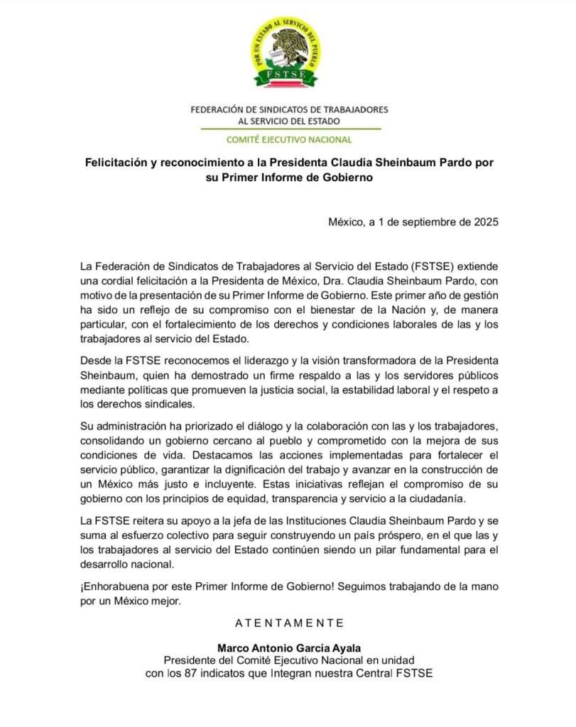 FSTSE felicitó a Claudia Sheinbaum