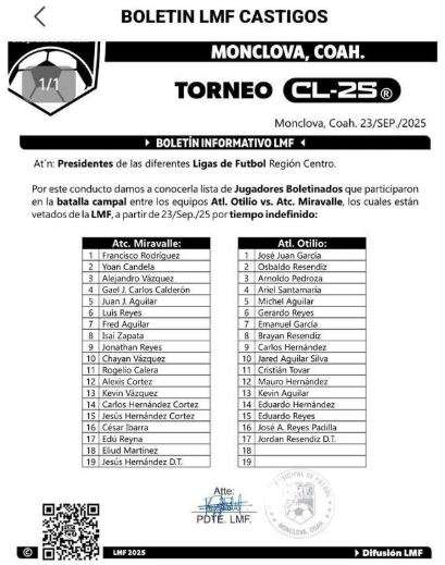Lista de jugadores castigados en la Región Centro