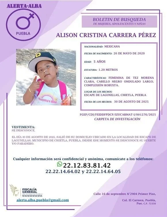 Alison Cristina Carrera Pérez, de 5 años