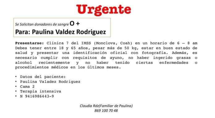 Estudiante de la Normal de Monclova, grave e intubada por presunto dengue; solicitan donadores de sangre