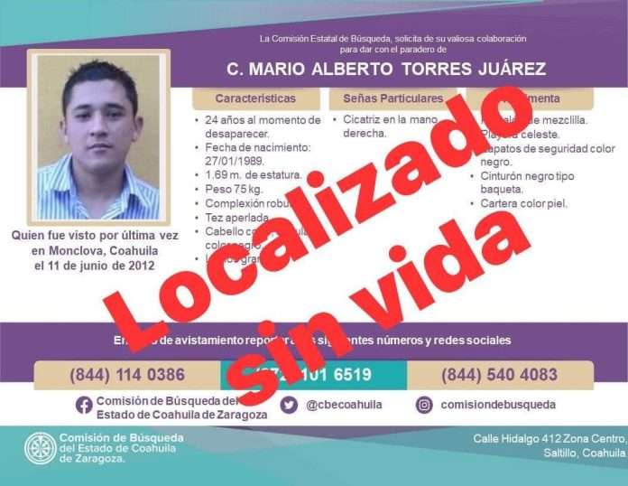 El trabajo interinstitucional y científico coordinado logró la identificación de los restos humanos de quien en vida llevó el nombre de Mario Alberto Torres Juárez, desaparecido el 11 de junio de 2012 en Monclova. 