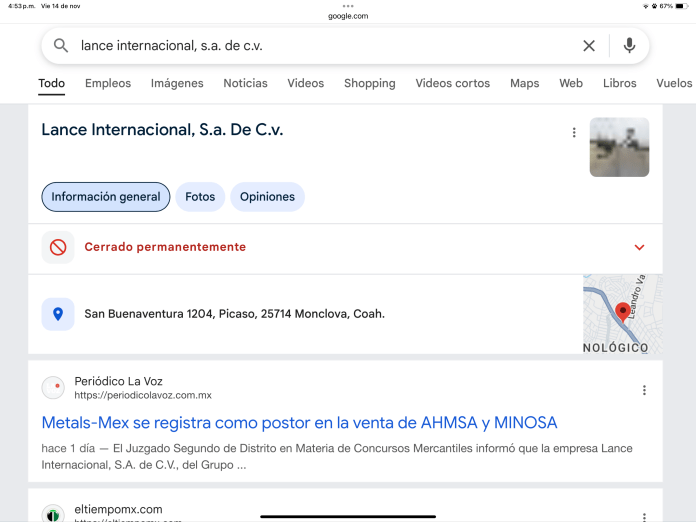 Lance Internacional S.A. de C.V. está, según el buscador de internet Google “cerrada permanentemente” sin precisar fecha, e indica que fueron visitados recientemente por Google Maps, que constató que está cerrada.