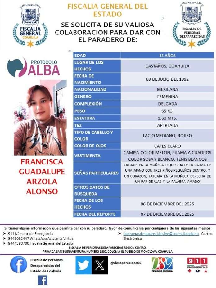 Francisca Guadalupe Arzola Alonso, de 33 años de edad, de acuerdo a la información, salió de casa de su madre el sábado pasado y ya no se supo más de ella. El domingo acudieron sus familiares a denunciar su desaparición y ese mismo día se activó el código Alba.