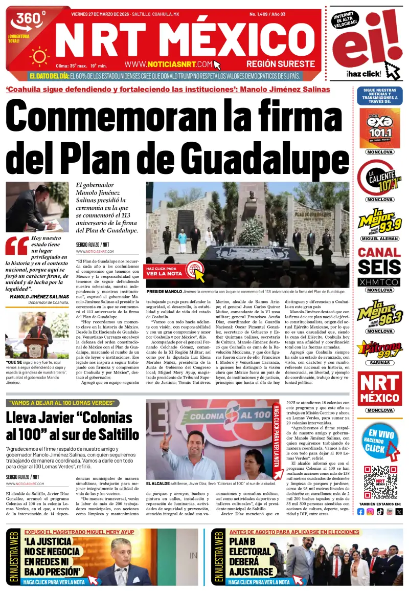 Portada principal de NRT México del viernes 27 de marzo de 2026.